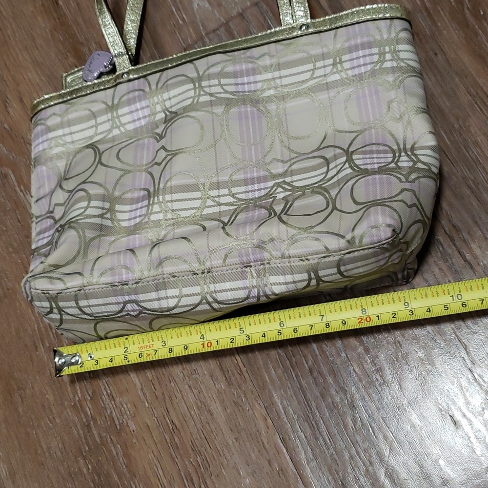 COACH Metallic Gold Plaid Monogram Logo Mini Handbag Luxury Formal Occassion - Picture 9 of 11